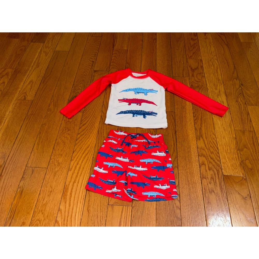 Wave Zone Boys 2T Alligator Rash Guard and Swim Trunks Set Red White Blue